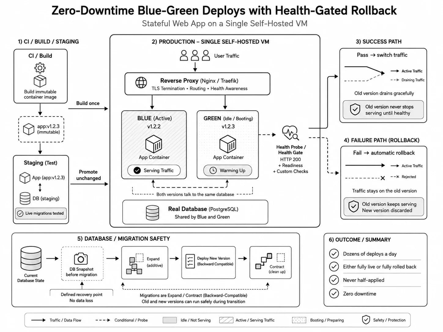 Diagram of the blue-green deploy flow: CI builds once, staging tests it, production runs blue and green containers behind a health-gated proxy that either switches traffic on a pass or rolls back automatically on a fail, with expand/contract migrations and a pre-migration database snapshot.